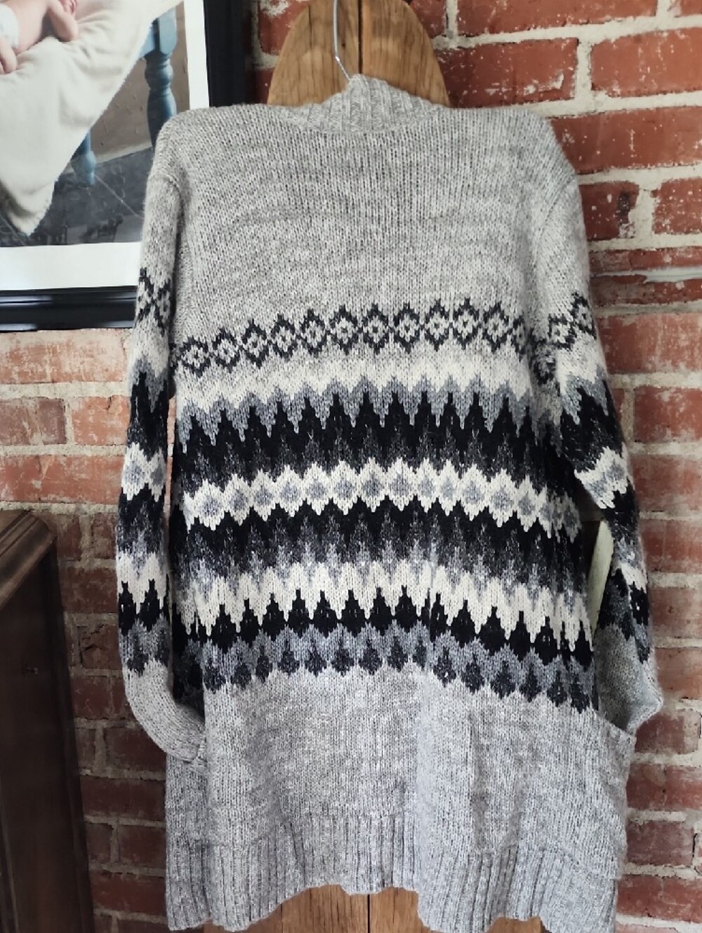 American Eagle Outfitters Grey Fair Isle Open-Front Cardigan - Picture 5 of 6